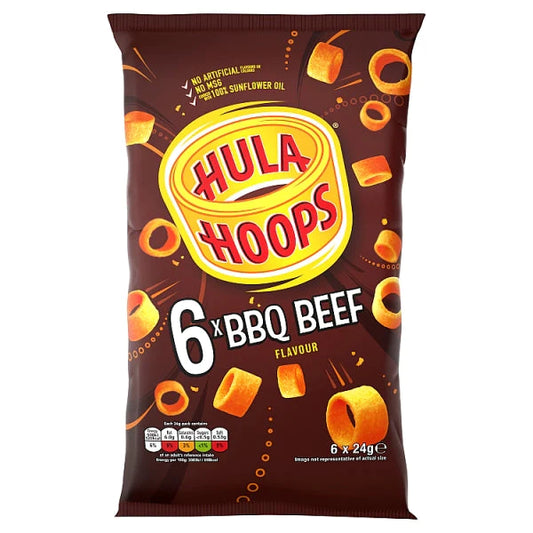 Hula Hoops BBQ Beef 6 Pack (24 g) box contains 30pcks